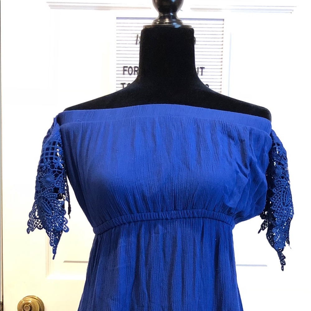 Shinestar Blue Rayon off shoulder dress, lace